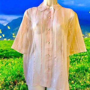 Perry Ellis SHEER SILK Blouse Pink Stripes Button Front Top Vtg 80's Womens 12